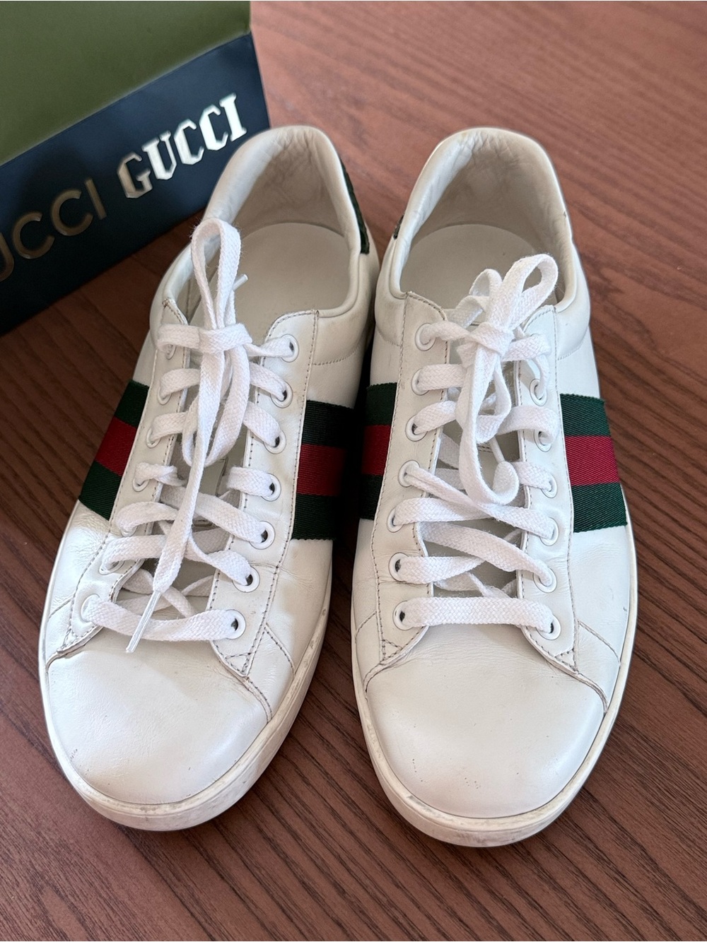 Gucci Ace Men’s Leather Web Sneakers White Green Red Size 7.5